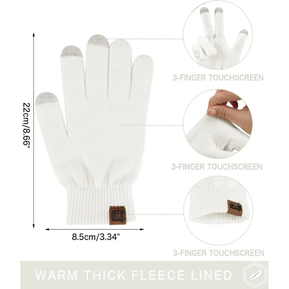 Women's White Winter Touchscreen Wool Magic Warm Knit Fleece Lined Gloves